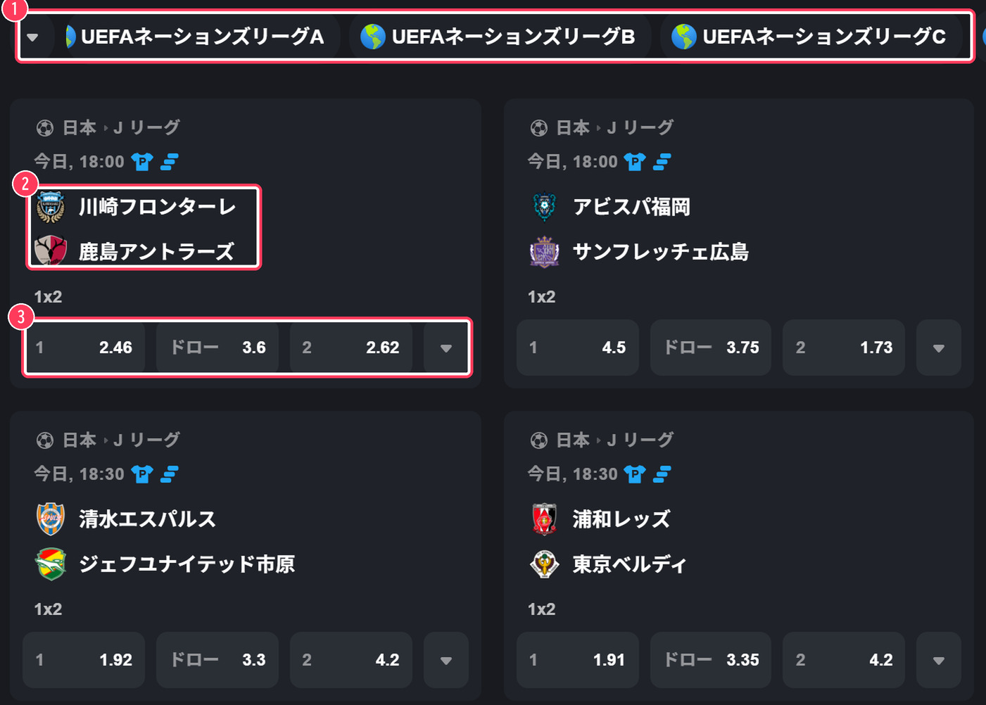 Jリーグの試合一覧。リーグの切り替え・対戦カード・1x2のオッズ