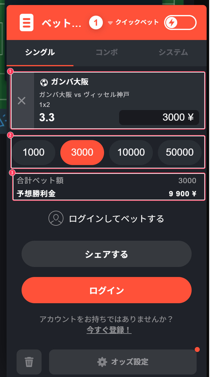 ベットスリップ。3,000円をオッズ3.3に賭けると予想勝利金は9,900円