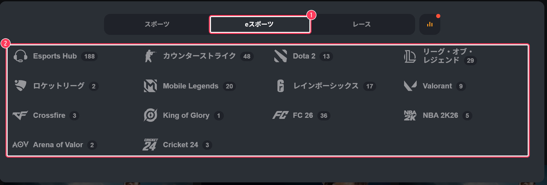 ボンズカジノの競技一覧のeスポーツタブ。カウンターストライク・Dota 2・LoL・Valorantなど
