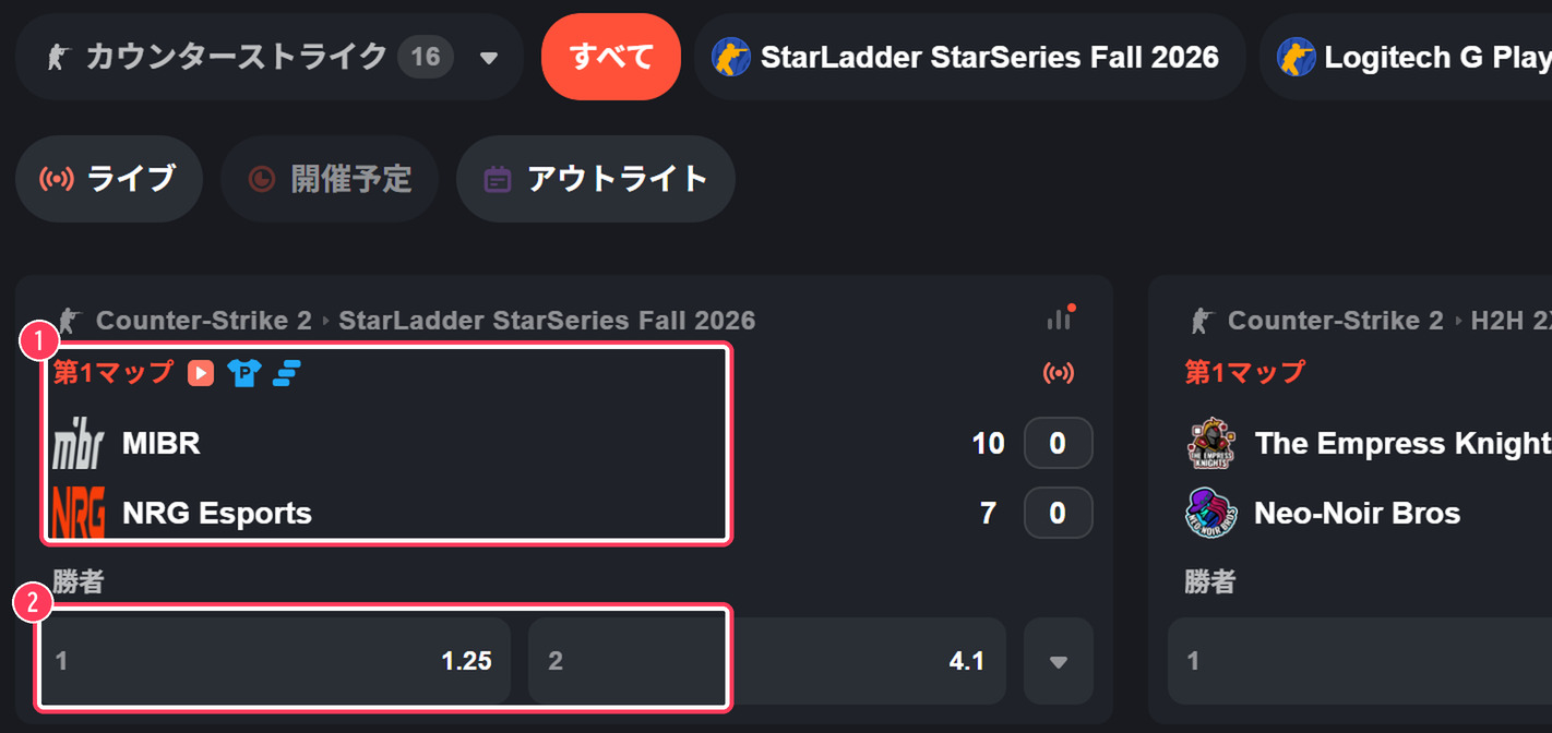 試合中のカウンターストライクの試合。第1マップのスコアと勝者のオッズ