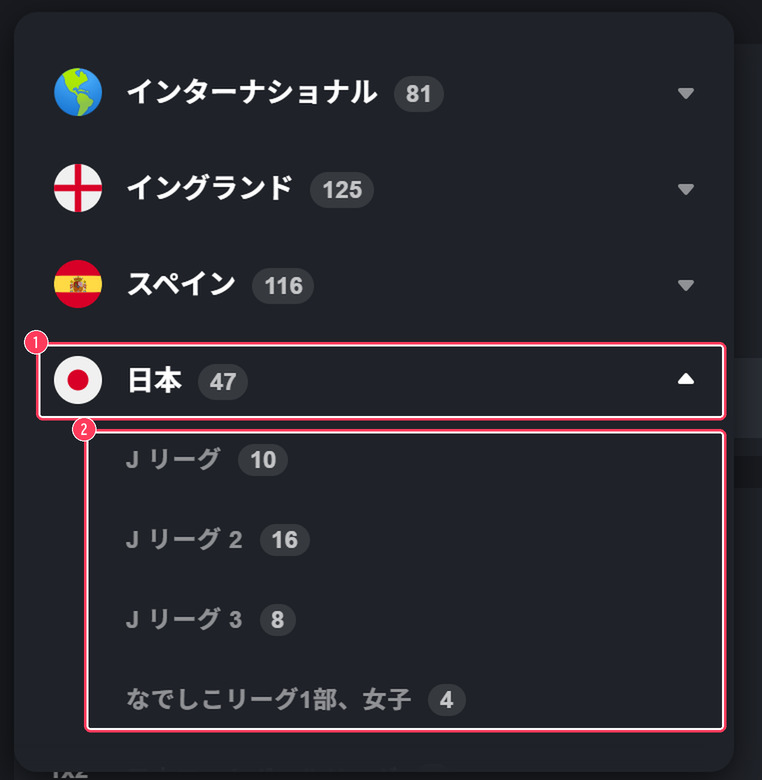 ボンズカジノのサッカーの国別一覧。日本の中にJリーグ・Jリーグ2・Jリーグ3・なでしこリーグ