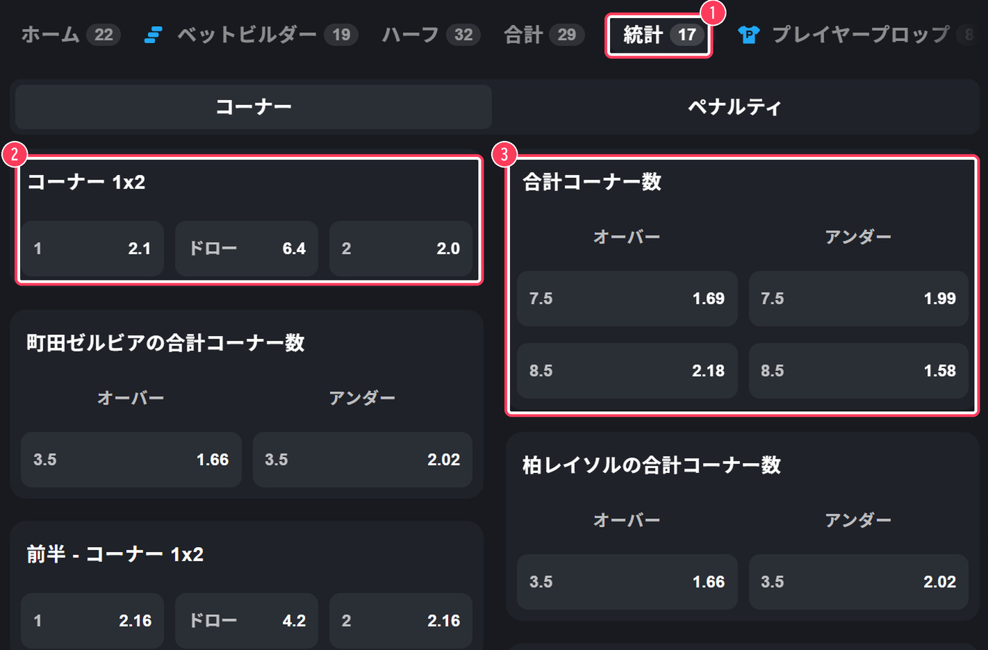 統計タブのコーナー1x2と合計コーナー数