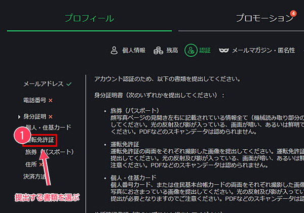 ボンズカジノ 身分証明書の選択
