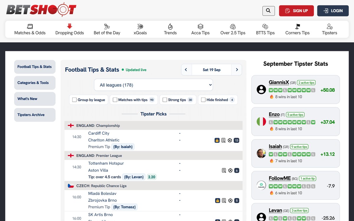 BetShootの画面。サッカーの予想とティップスターの月間成績