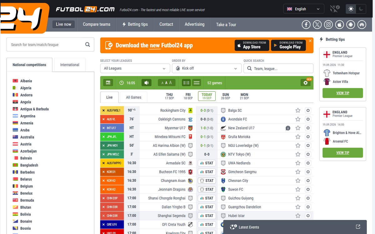 Futbol24のトップ画面。国別の大会と試合結果
