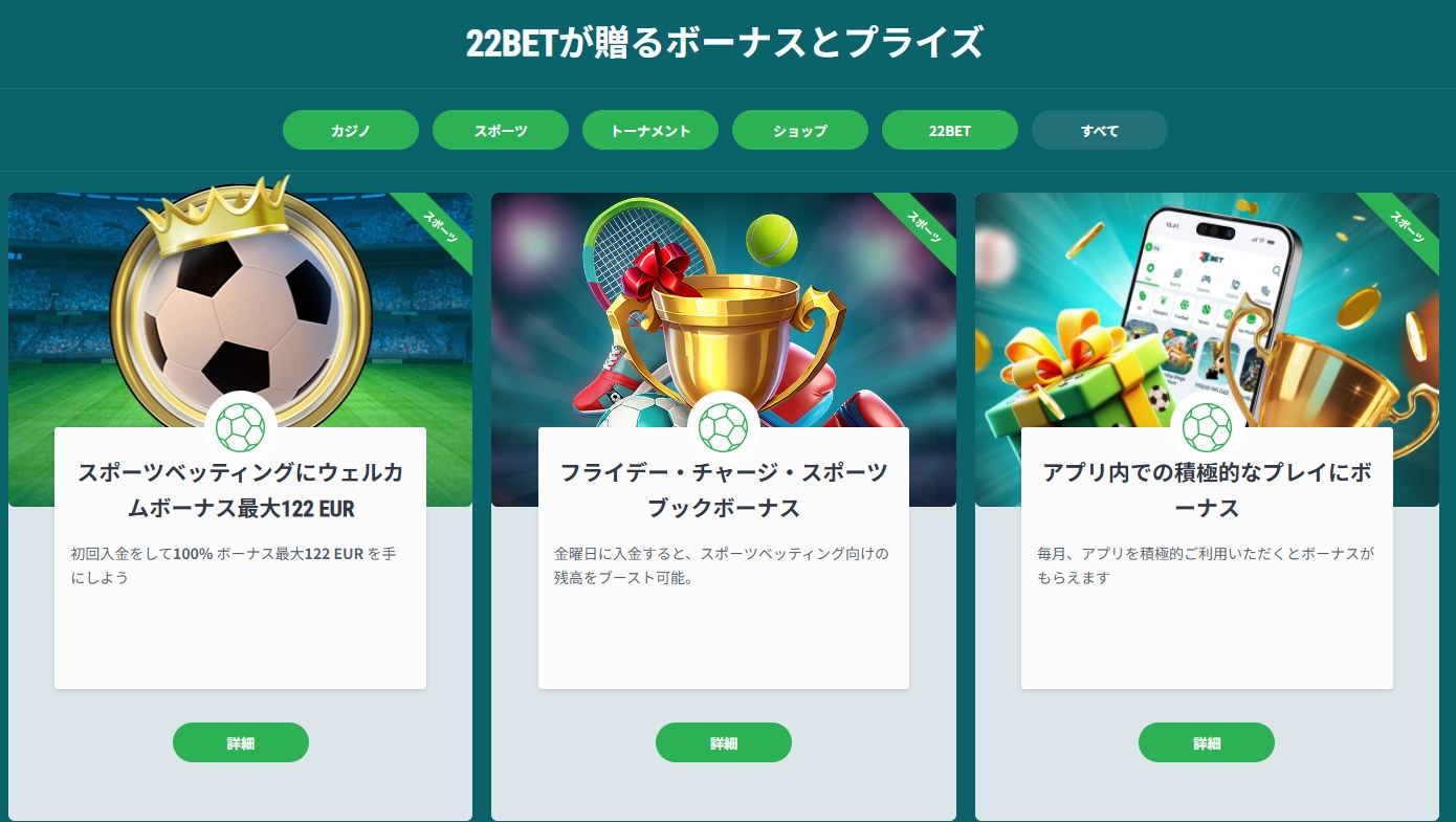 22bet公式のボーナスとプライズの一覧ページ