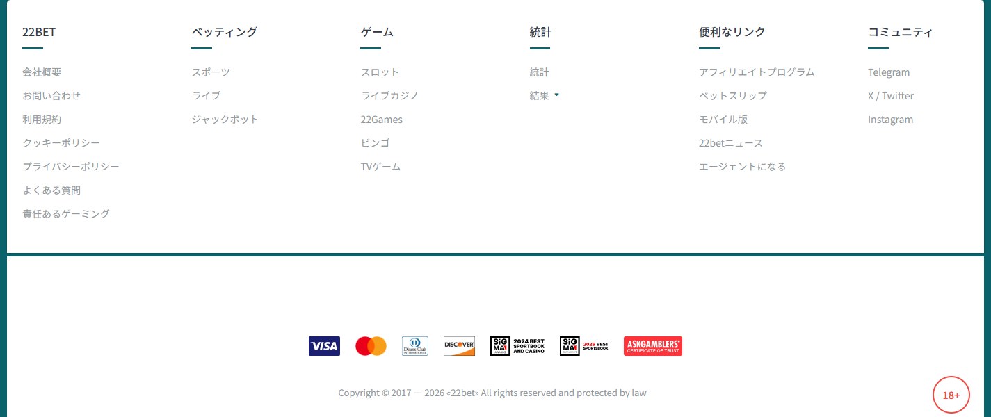 22bet公式サイトのフッター。決済ブランドと受賞歴は並ぶがライセンス表示はない