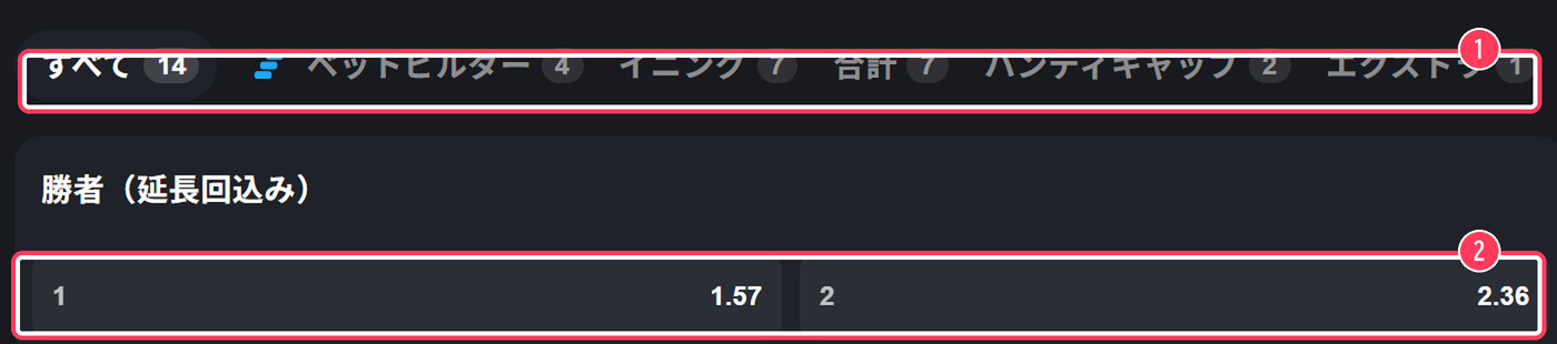 野球の試合詳細。賭けの種類のタブと勝者のオッズ