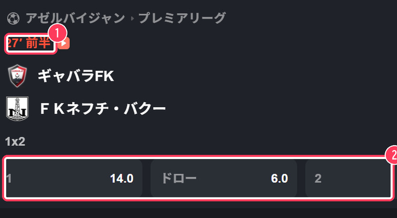 ライブの試合カード。経過時間と1x2のオッズ