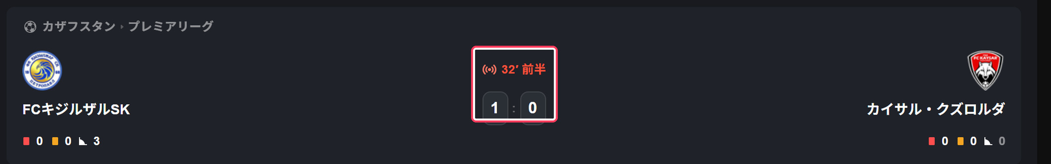 ライブ試合の詳細。経過時間とスコア、カードとコーナーの数