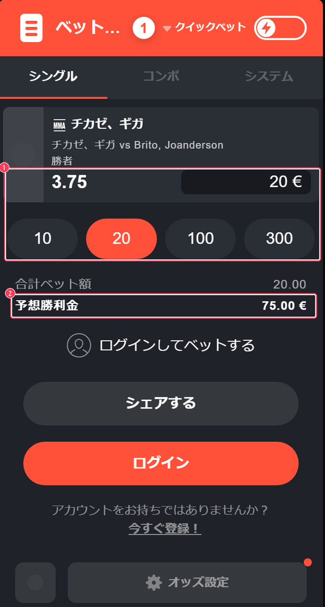 UFCのベットスリップ。賭け金と予想勝利金