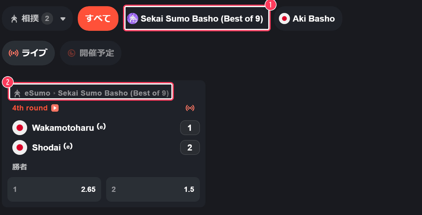 バーチャルのeSumoの取組。Sekai Sumo Bashoと表示される