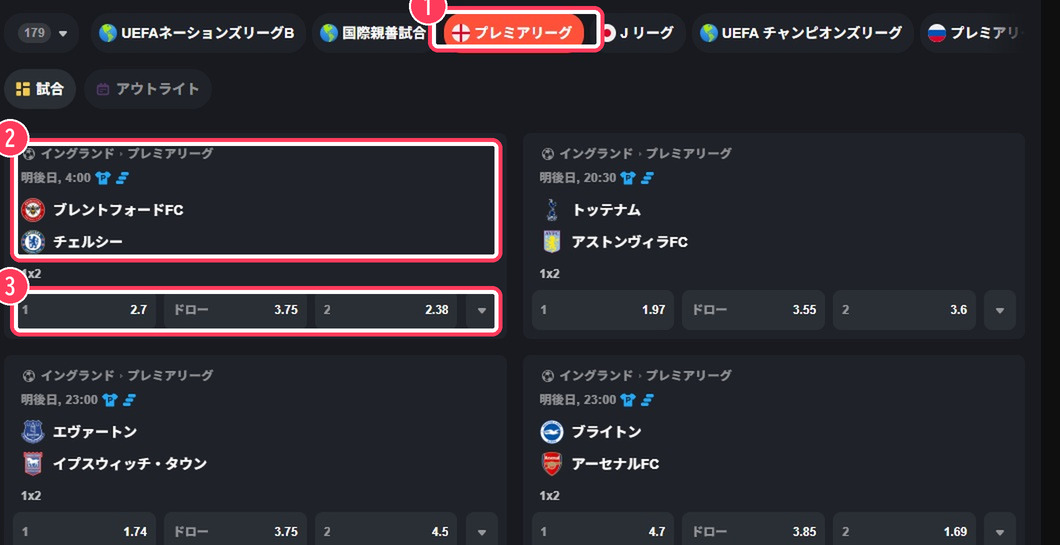 プレミアリーグの試合一覧。リーグのタブと試合カード、1x2のオッズ
