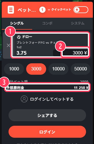 ベットスリップ。選んだ賭け、賭け金、予想勝利金