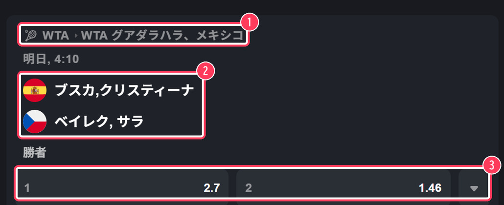 テニスの試合カード。大会名・選手2名・勝者のオッズ