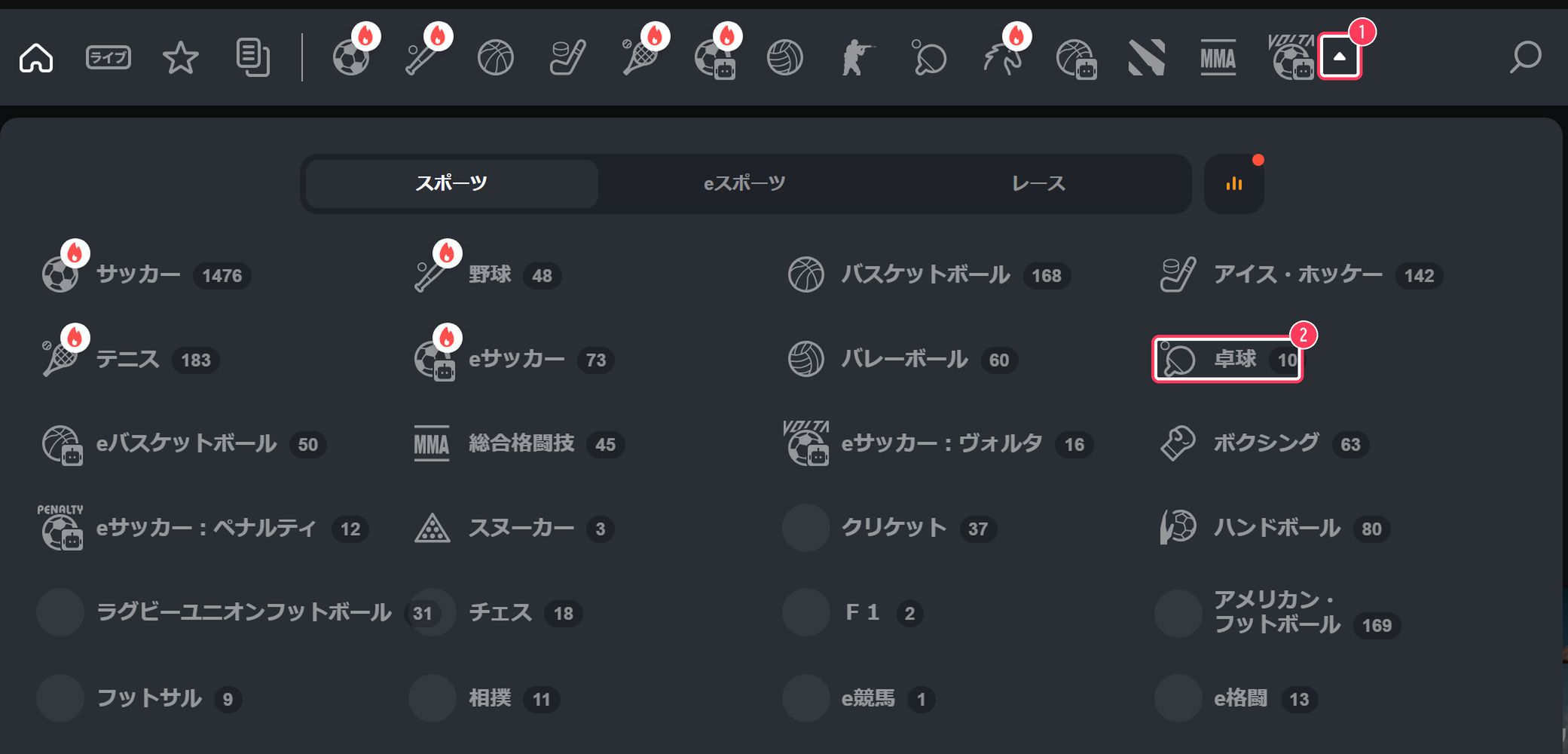 ボンズカジノの競技一覧。アイコン列の右端から開いて卓球を選ぶ